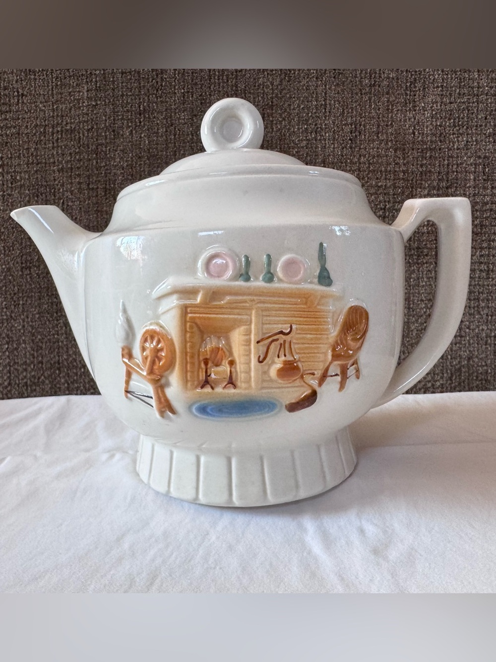 White Ceramic Decorative Teapot with Pastel Country Scene